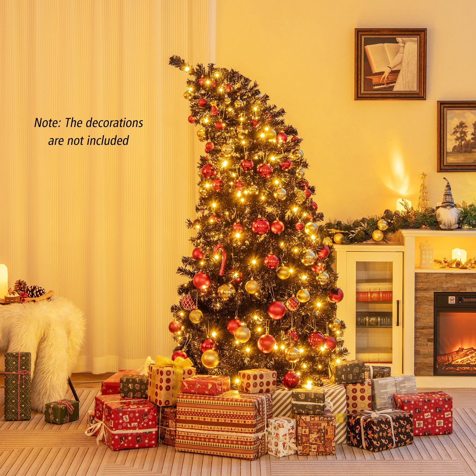6/7 英尺人造圣诞树，顶部可弯曲，带暖光 - 6 英尺 6/7 FT Artificial Christmas Tree with Bendable Top Section and Warm Light-6 FT