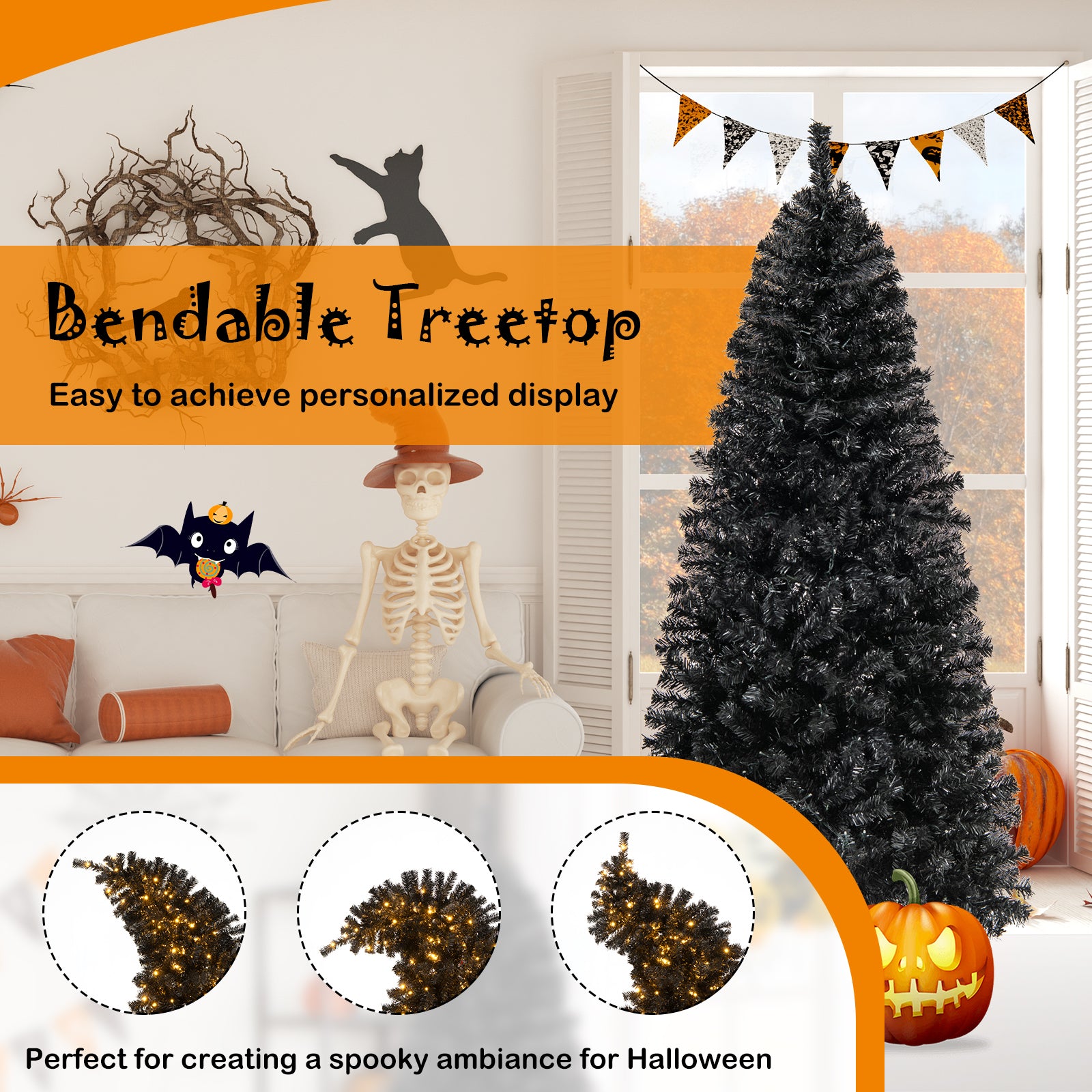 6/7 英尺人造圣诞树，顶部可弯曲，带暖光 - 6 英尺 6/7 FT Artificial Christmas Tree with Bendable Top Section and Warm Light-6 FT