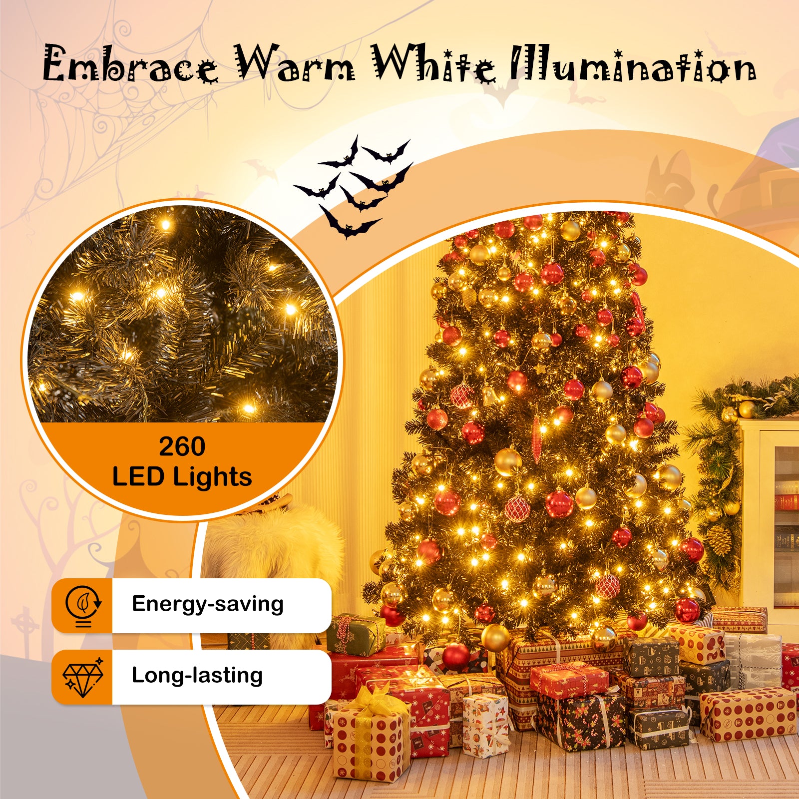 6/7 英尺人造圣诞树，顶部可弯曲，带暖光 - 6 英尺 6/7 FT Artificial Christmas Tree with Bendable Top Section and Warm Light-6 FT