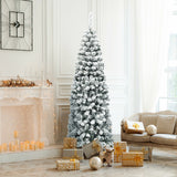 6 英尺不发光铰链雪绒人造铅笔圣诞树，带 500 个树枝尖 6 Feet Unlit Hinged Snow Flocked Artificial Pencil Christmas Tree with 500 Branch Tip