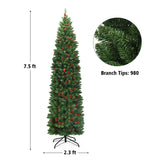 7.5 英尺预亮铰链铅笔圣诞树，带松果红色浆果 7.5 Feet Pre-lit Hinged Pencil Christmas Tree with Pine Cones Red Berries