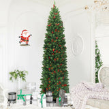 7.5 英尺预亮铰链铅笔圣诞树，带松果红色浆果 7.5 Feet Pre-lit Hinged Pencil Christmas Tree with Pine Cones Red Berries