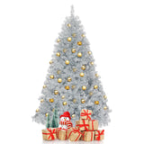 6 英尺铰链不发光人造银色金属丝圣诞树，带金属支架 6 Feet Hinged Unlit Artificial Silver Tinsel Christmas Tree with Metal Stand