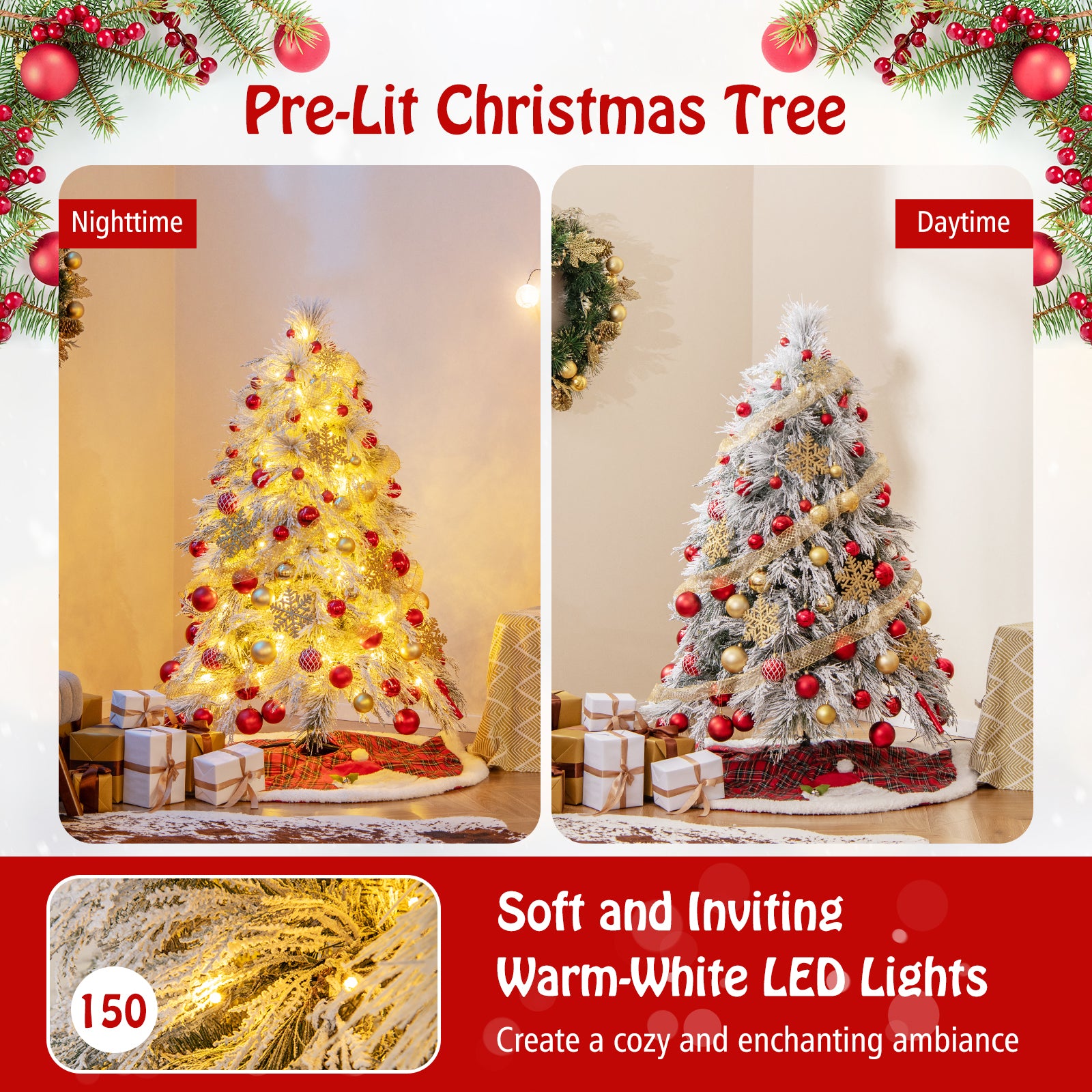 4.5/6/7 英尺预亮雪植绒圣诞树，带暖白色 LED 灯 - 4.5 英尺 4.5/6/7 Feet Pre-Lit Snow Flocked Christmas Tree with Warm White LED Lights-4.5 ft