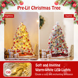 4.5/6/7 英尺预亮雪植绒圣诞树，带暖白色 LED 灯 - 4.5 英尺 4.5/6/7 Feet Pre-Lit Snow Flocked Christmas Tree with Warm White LED Lights-4.5 ft