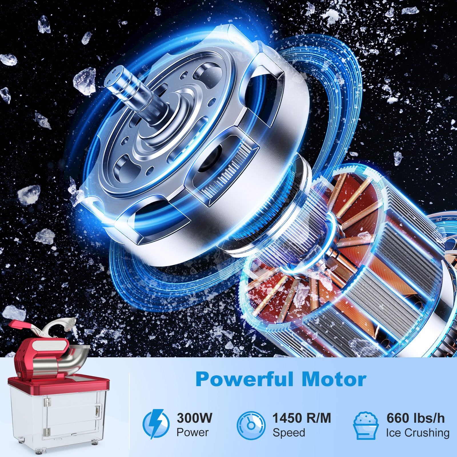 300W商用双刀片带安全开关碎冰机-红色 300W Commercial Ice Crusher with Dual Blades and Safety Switch-Red