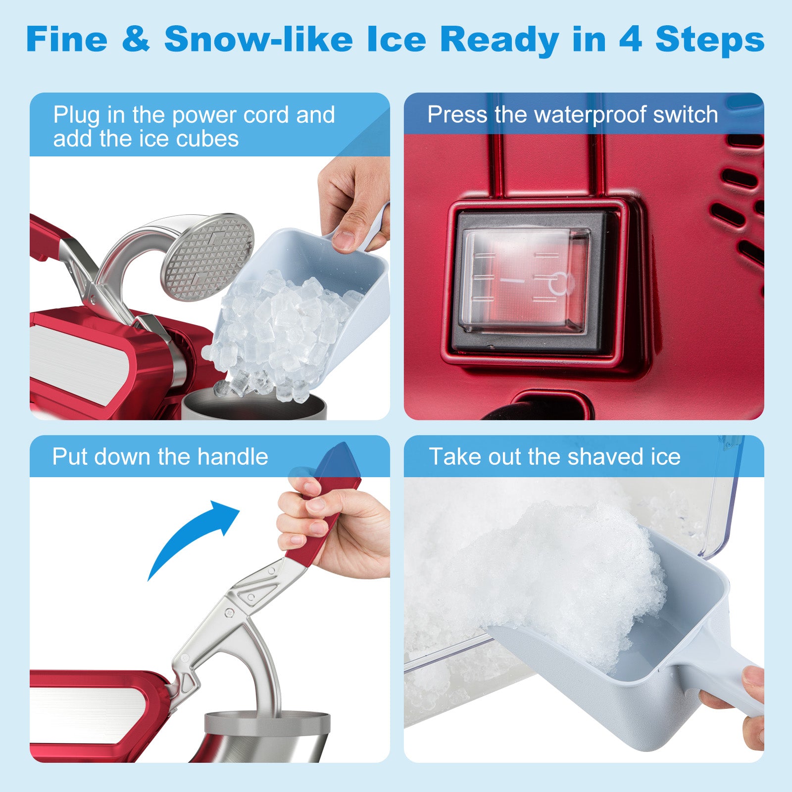 300W商用双刀片带安全开关碎冰机-红色 300W Commercial Ice Crusher with Dual Blades and Safety Switch-Red