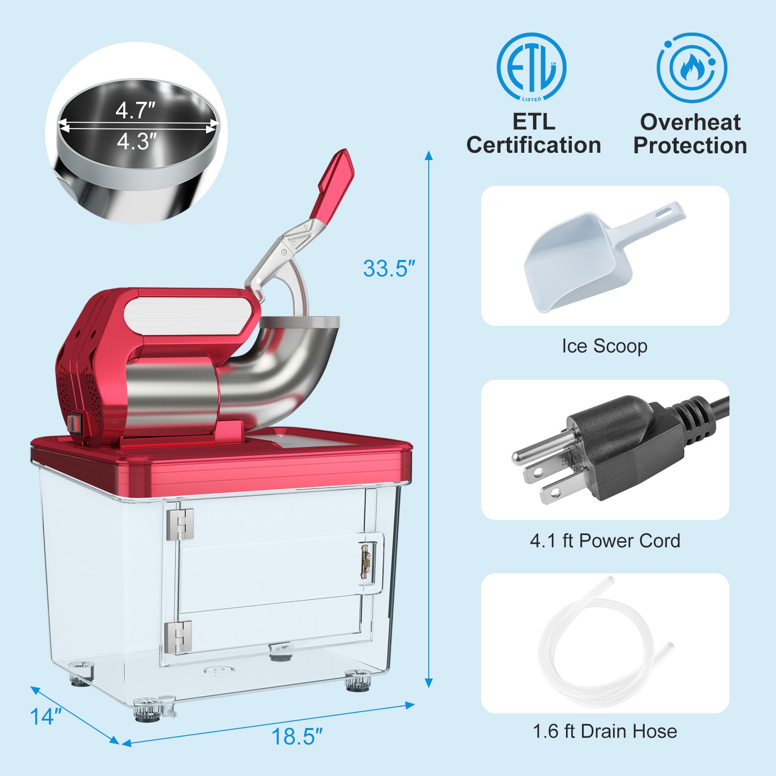 300W商用双刀片带安全开关碎冰机-红色 300W Commercial Ice Crusher with Dual Blades and Safety Switch-Red