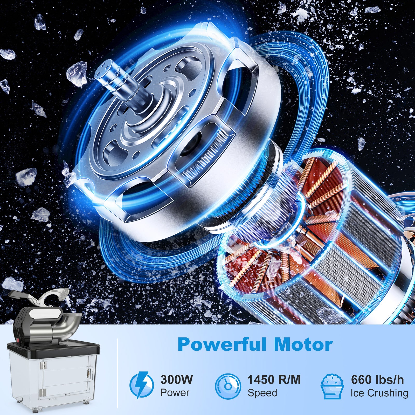 300W商用双刀片带安全开关碎冰机-黑色 300W Commercial Ice Crusher with Dual Blades and Safety Switch-Black