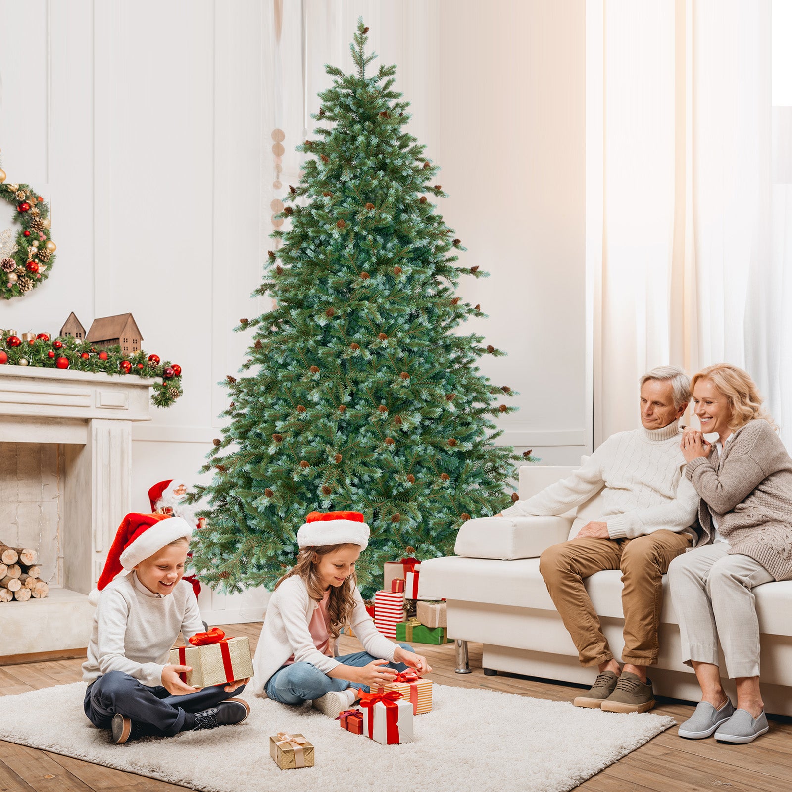 6/7/8 英尺圣诞树，带暖白色 LED 灯和松果 - 7 英尺 6/7/8 Feet Christmas Tree with Warm White LED Lights and Pine Cones-7 ft