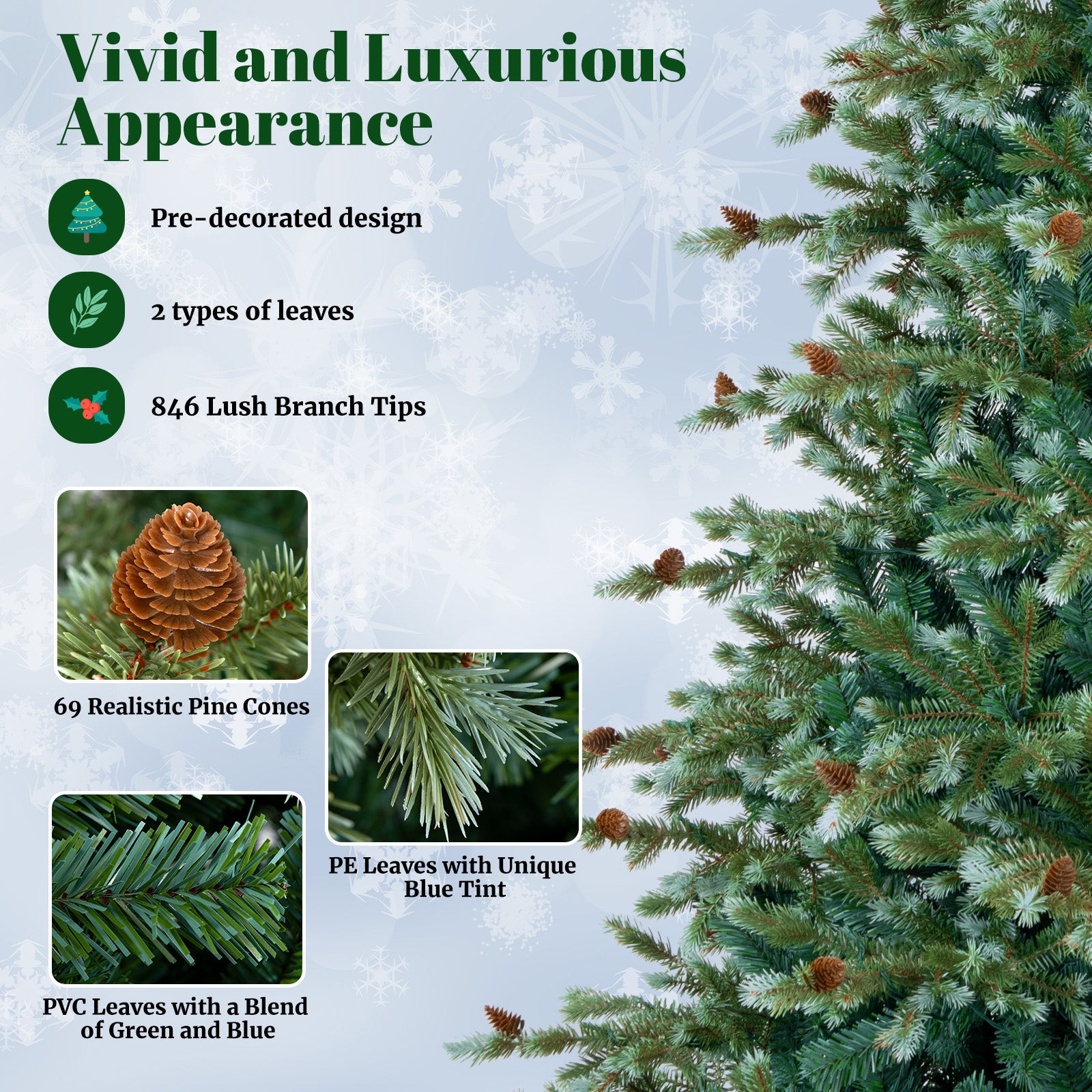 6/7/8 英尺圣诞树，带暖白色 LED 灯和松果 - 7 英尺 6/7/8 Feet Christmas Tree with Warm White LED Lights and Pine Cones-7 ft