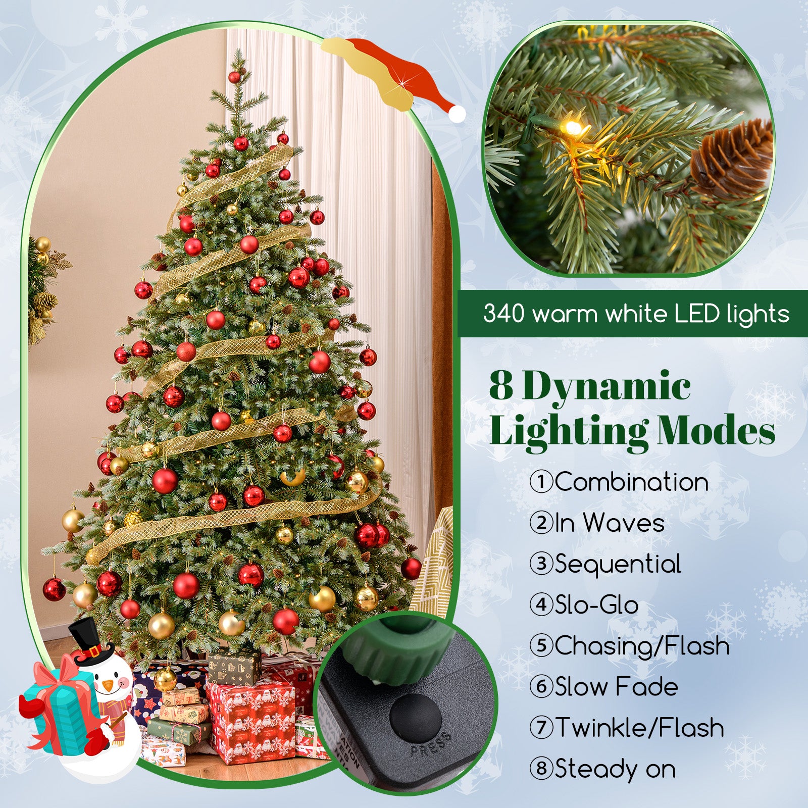 6/7/8 英尺圣诞树，带暖白色 LED 灯和松果 - 7 英尺 6/7/8 Feet Christmas Tree with Warm White LED Lights and Pine Cones-7 ft