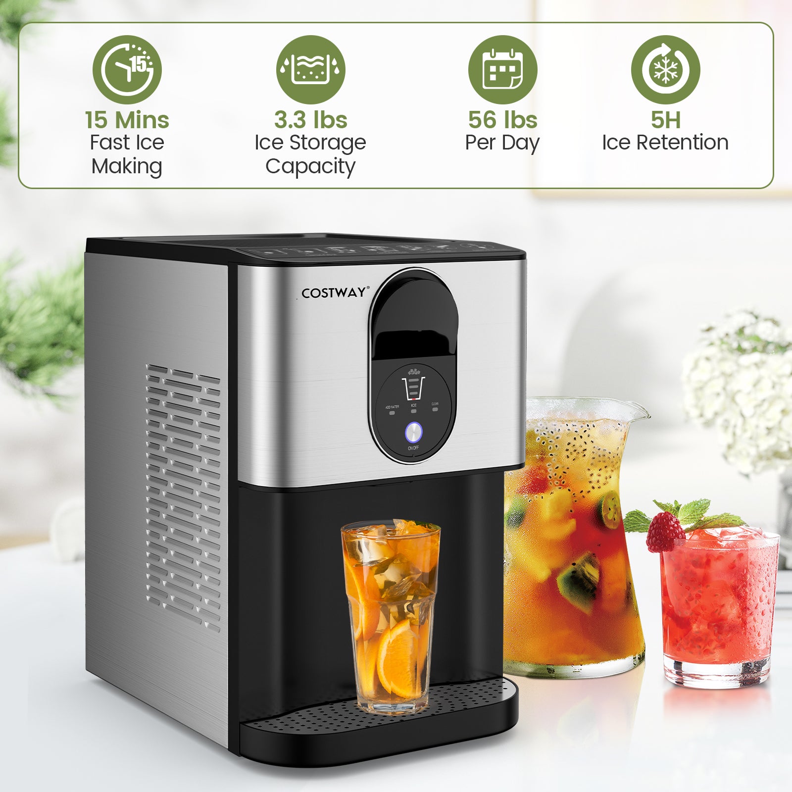 自分配块制冰机台面带软咀嚼颗粒冰块 - 银色 Self Dispensing Nugget Ice Maker Countertop with Soft Chewable Pellet Ice Cubes-Silver