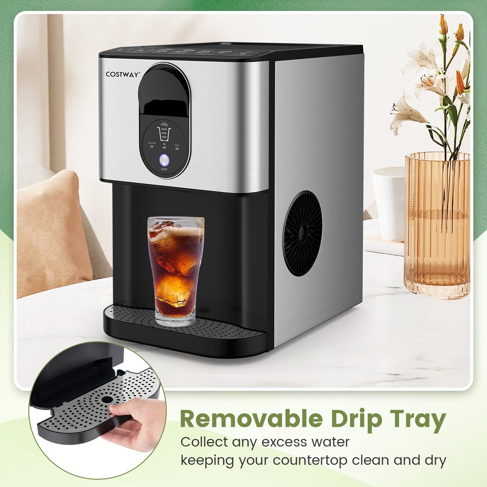 自分配块制冰机台面带软咀嚼颗粒冰块 - 银色 Self Dispensing Nugget Ice Maker Countertop with Soft Chewable Pellet Ice Cubes-Silver