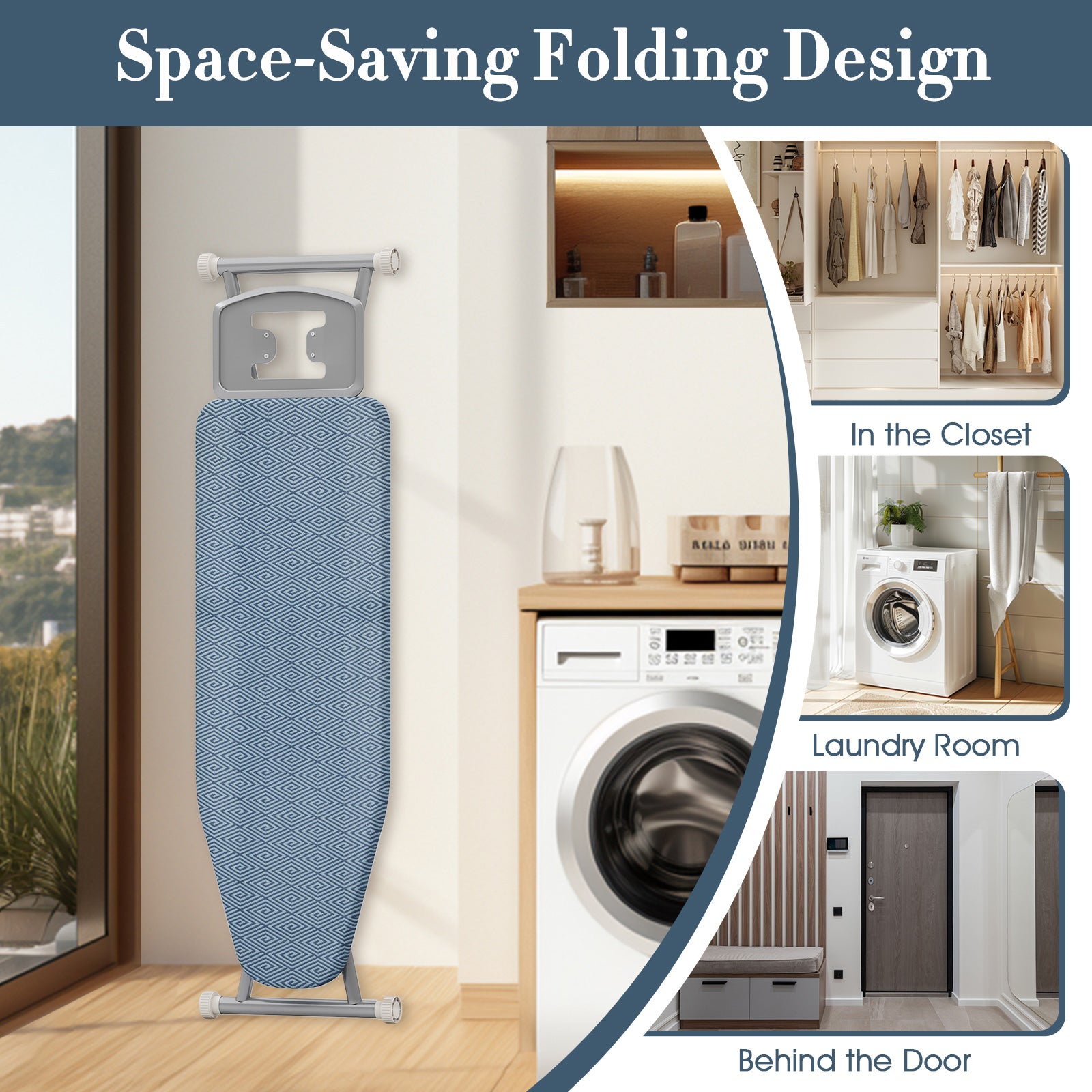 57" x 16.5" 碳钢熨衣台带熨斗架和 7 级高度 - 蓝色 57" x 16.5" Carbon Steel Ironing Table with Iron Rest and 7-Level Height-Blue