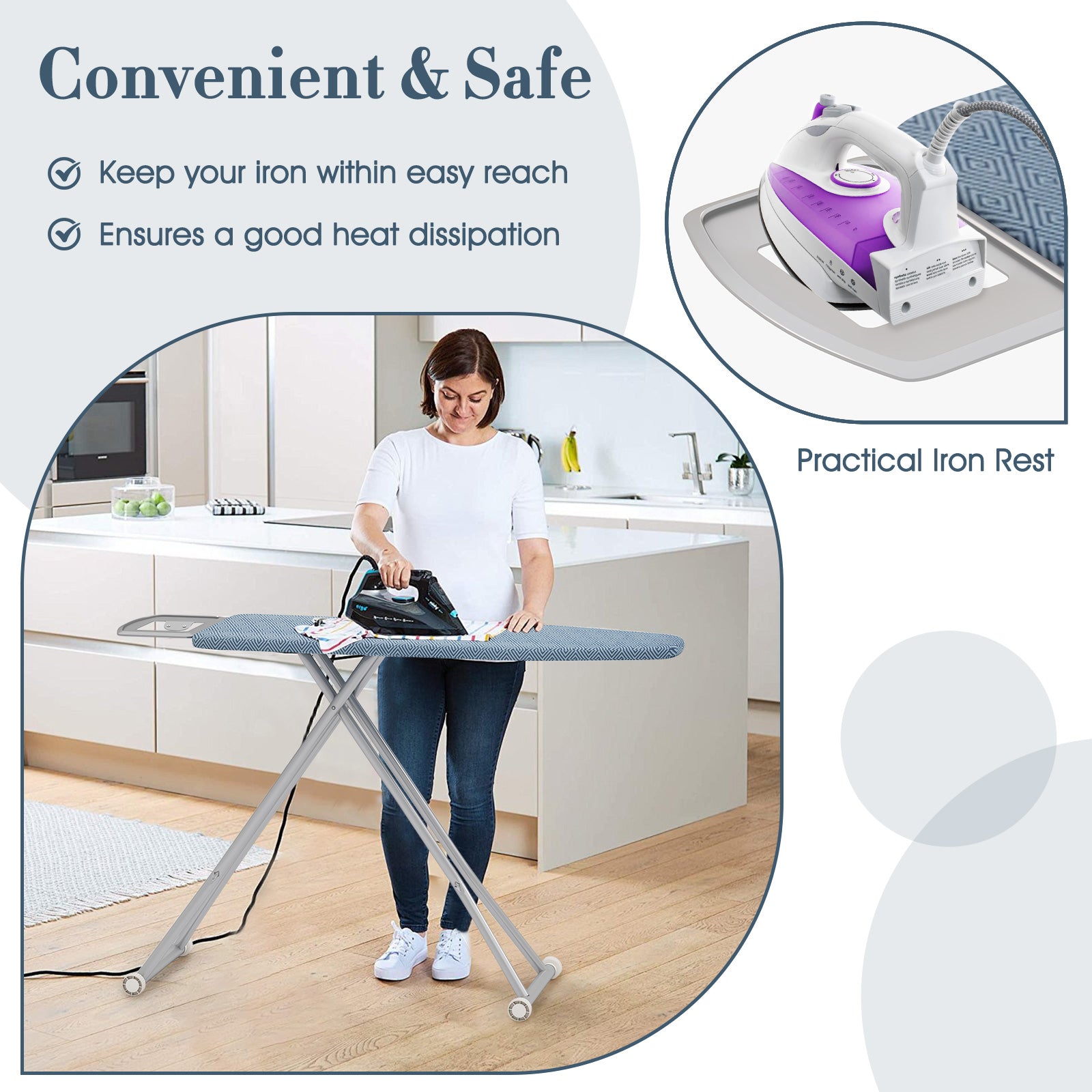 57" x 16.5" 碳钢熨衣台带熨斗架和 7 级高度 - 蓝色 57" x 16.5" Carbon Steel Ironing Table with Iron Rest and 7-Level Height-Blue