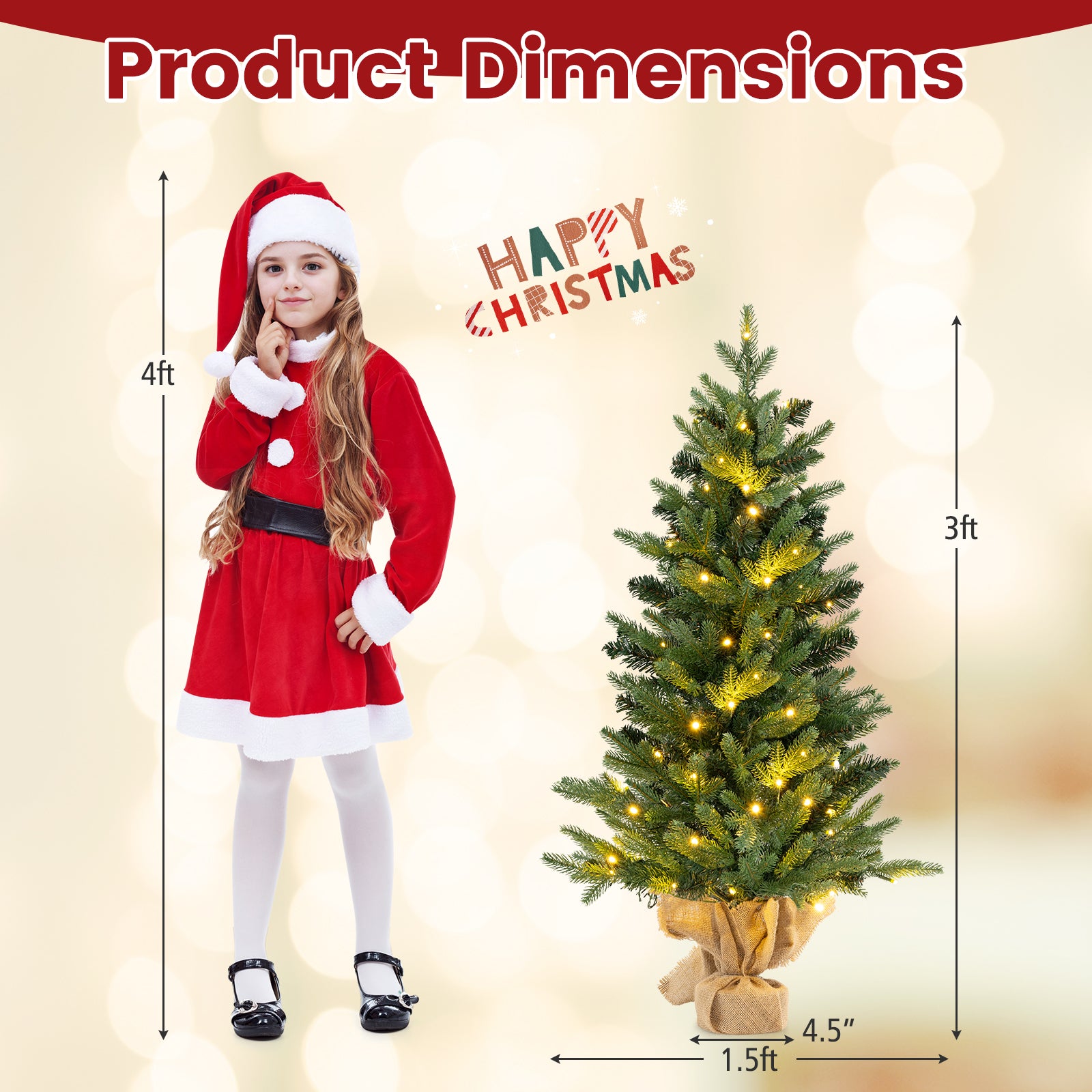 3 英尺迷你预亮人造圣诞树桌面圣诞树，带粗麻布底座 3 Feet Mini Pre-Lit Artificial Christmas Tree Tabletop Xmas Tree with Burlap Base