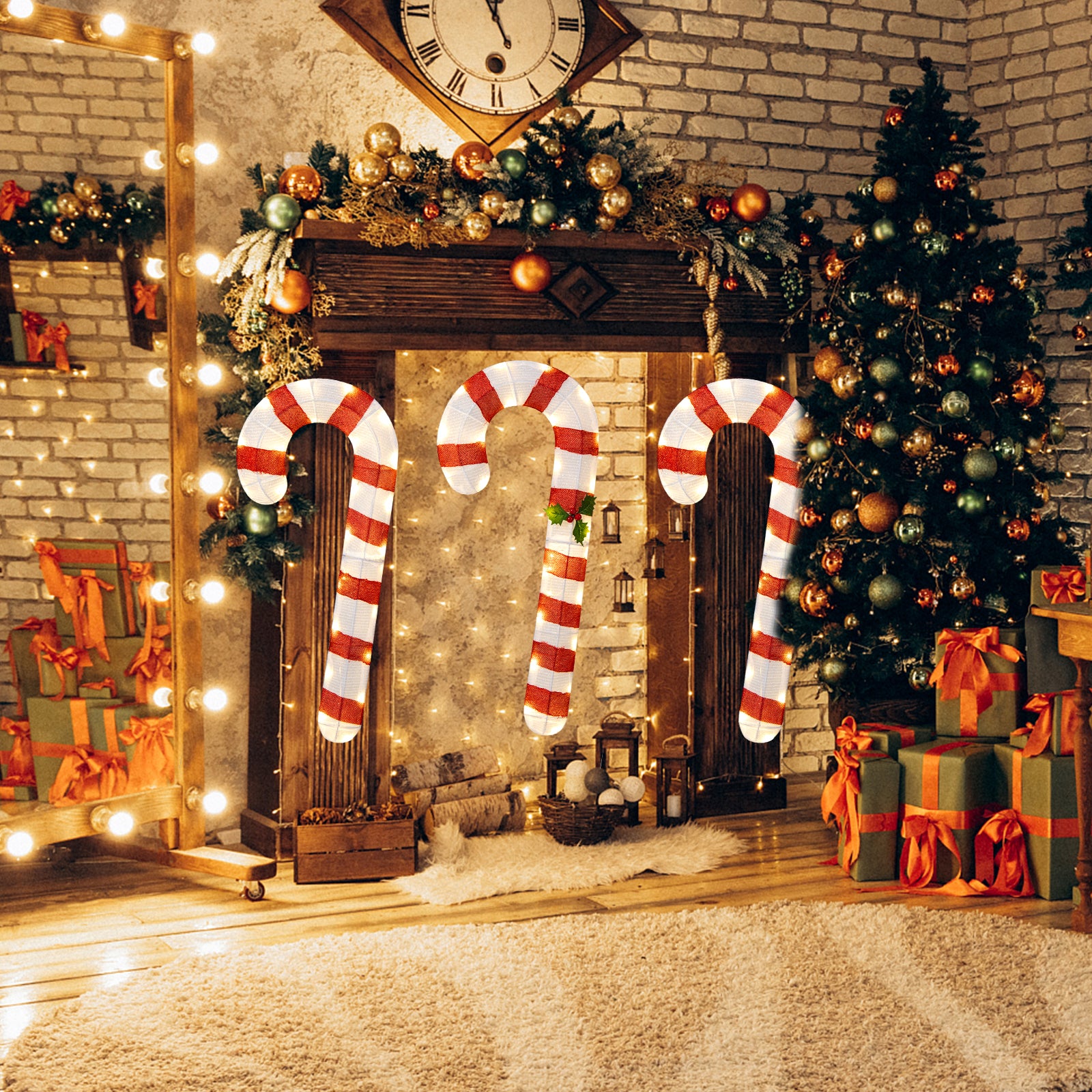 3 件预亮拐杖糖，带 75 个 LED 灯和地桩 3 Pieces Pre-Lit Candy Canes with 75 LED Lights and Ground Stakes