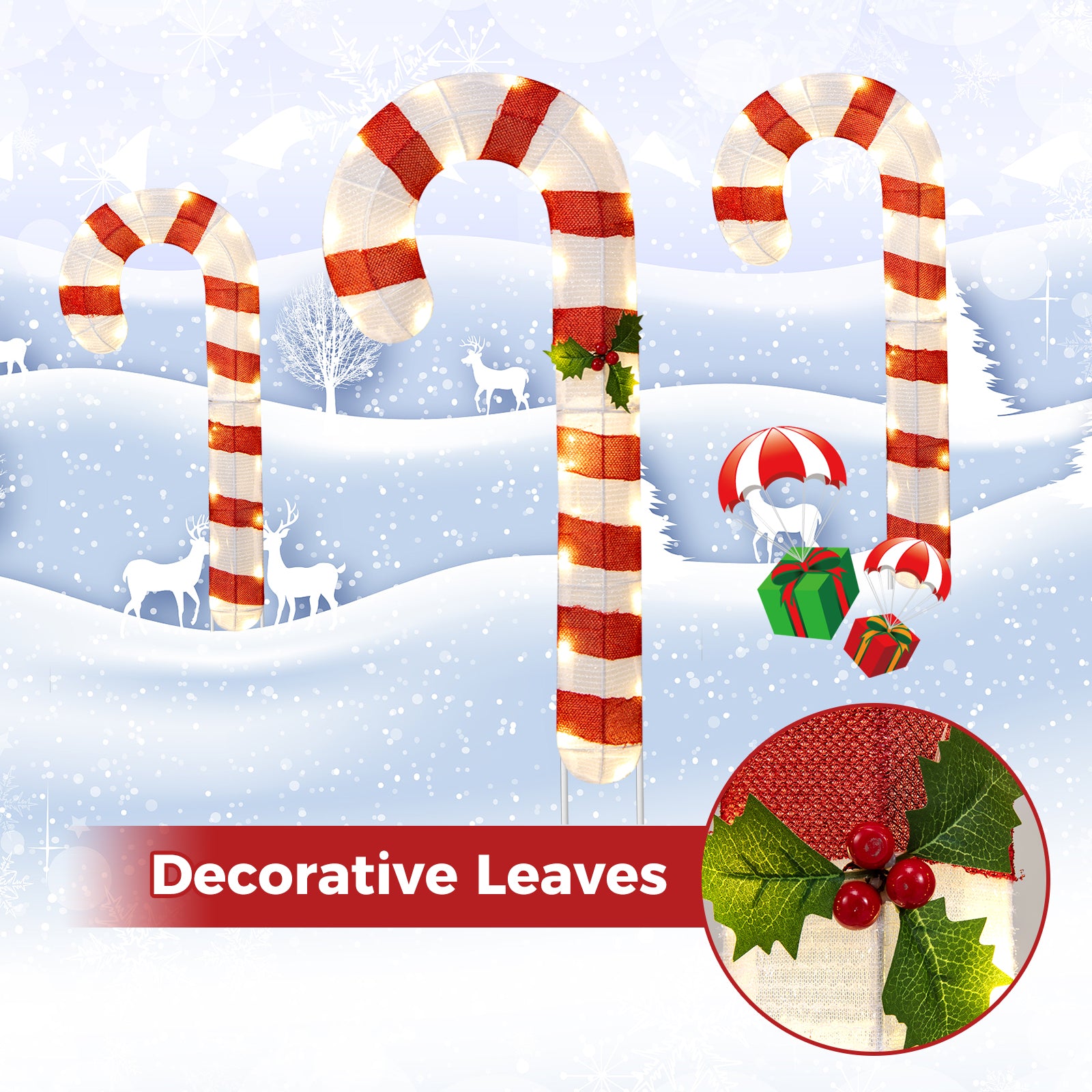 3 件预亮拐杖糖，带 75 个 LED 灯和地桩 3 Pieces Pre-Lit Candy Canes with 75 LED Lights and Ground Stakes