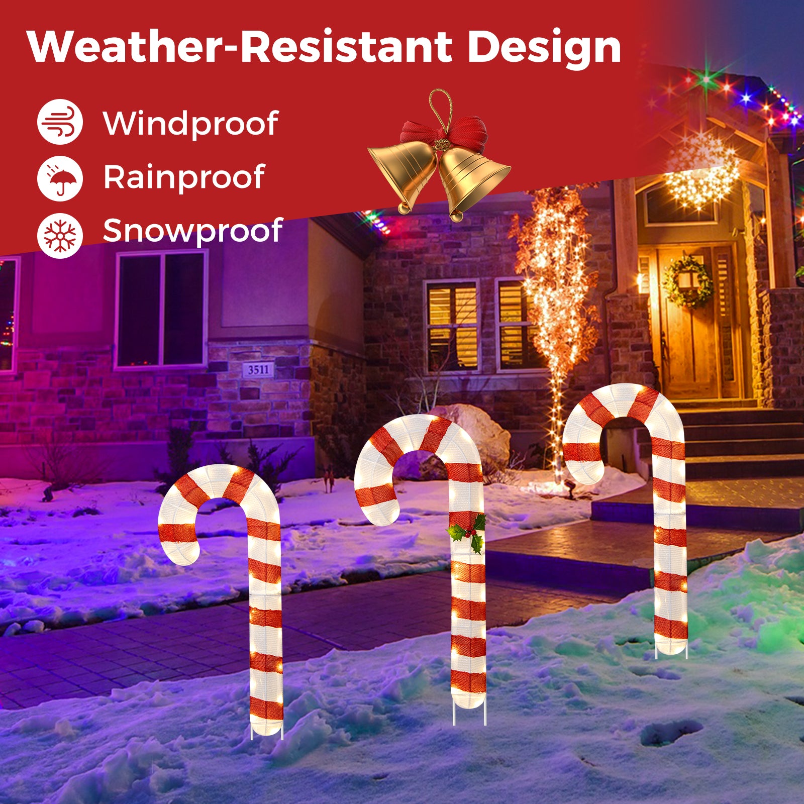 3 件预亮拐杖糖，带 75 个 LED 灯和地桩 3 Pieces Pre-Lit Candy Canes with 75 LED Lights and Ground Stakes