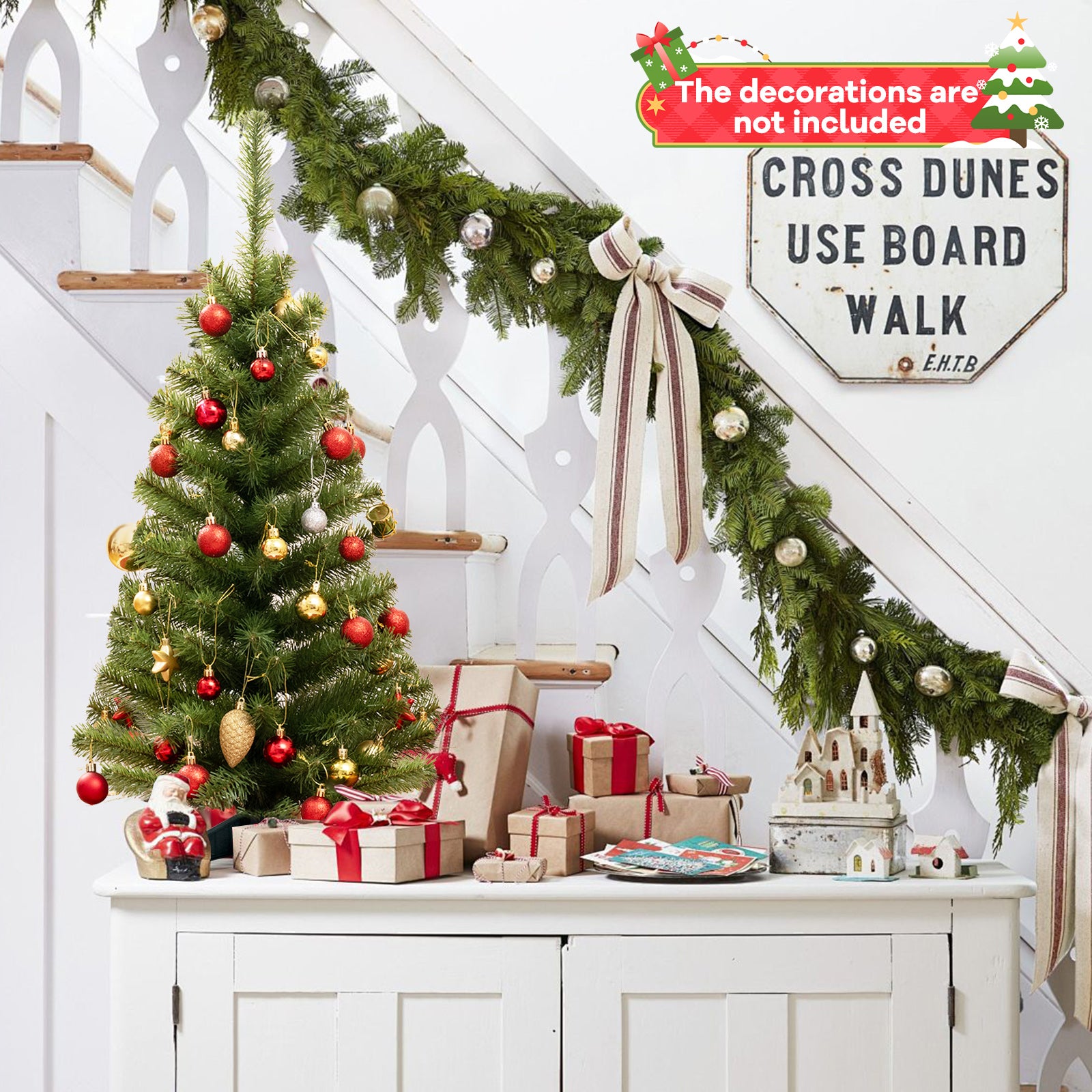 36英寸不发光人造圣诞迷你树带塑料支架-绿色 36 Inch Unlit Artificial Christmas Mini Tree with Plastic Stand-Green