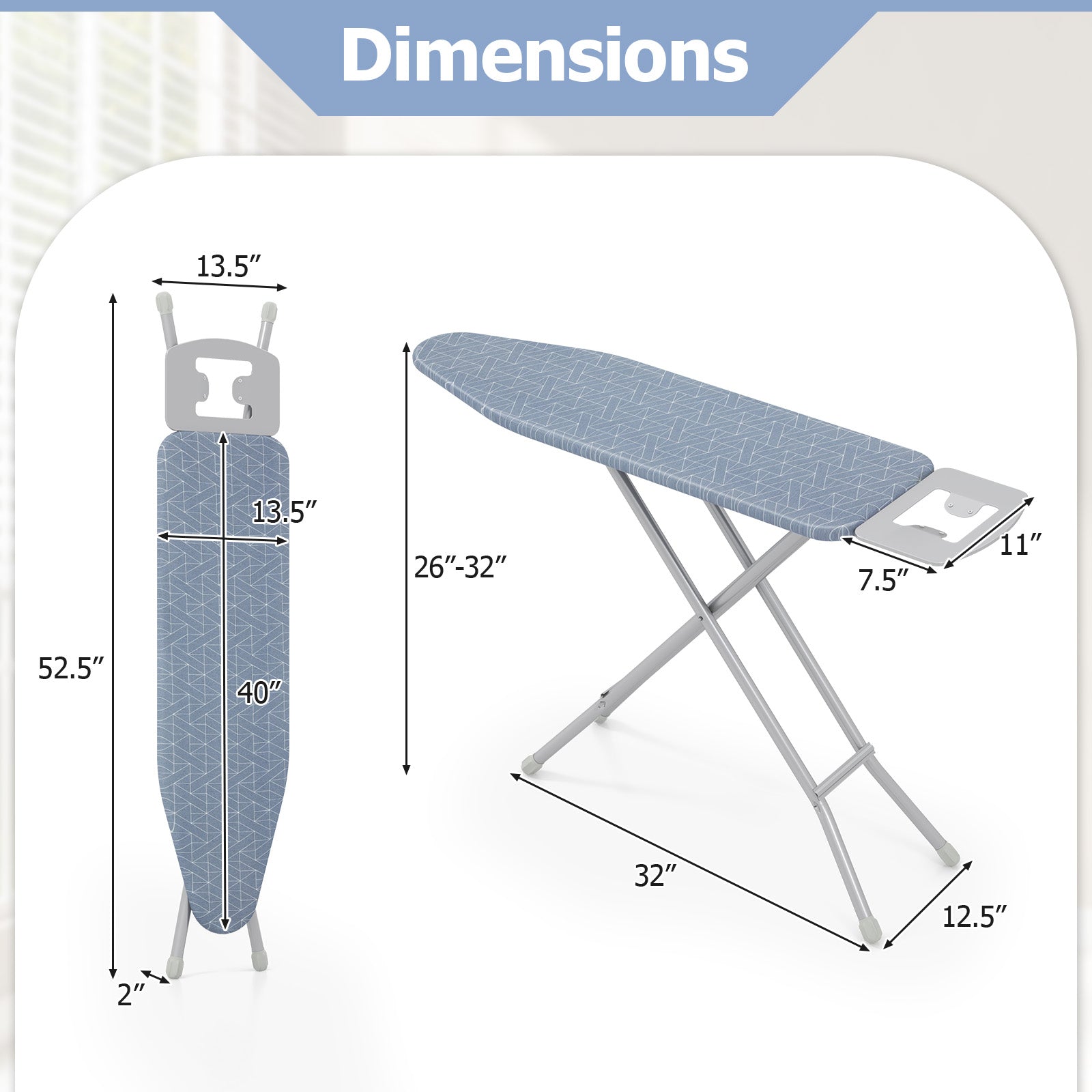 48 英寸 x 13.5 英寸家用熨衣板带熨斗架-灰色 48 Inch x 13.5 Inch Ironing Board with Iron Rest for Home-Gray