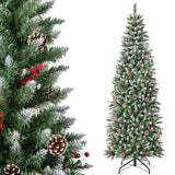 带松果和红色浆果的预亮人造铅笔圣诞树 - 7 英尺 Pre-lit Artificial Pencil Christmas Tree with Pine Cones and Red Berries-7 ft