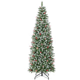 带松果和红色浆果的预亮人造铅笔圣诞树 - 7 英尺 Pre-lit Artificial Pencil Christmas Tree with Pine Cones and Red Berries-7 ft