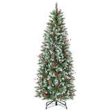 带松果和红色浆果的预亮人造铅笔圣诞树 - 6 英尺 Pre-lit Artificial Pencil Christmas Tree with Pine Cones and Red Berries-6 ft