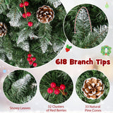 带松果和红色浆果的预亮人造铅笔圣诞树 - 6 英尺 Pre-lit Artificial Pencil Christmas Tree with Pine Cones and Red Berries-6 ft