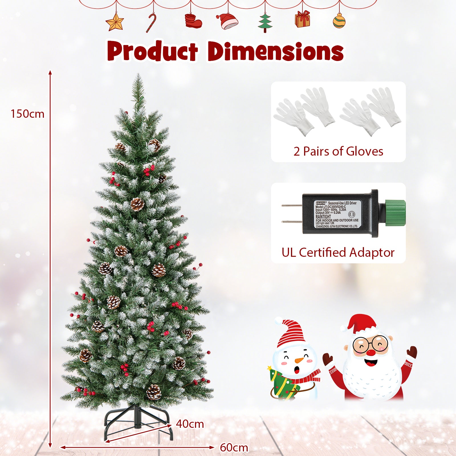 带松果和红色浆果的预亮人造铅笔圣诞树 - 5 英尺 Pre-lit Artificial Pencil Christmas Tree with Pine Cones and Red Berries-5 ft