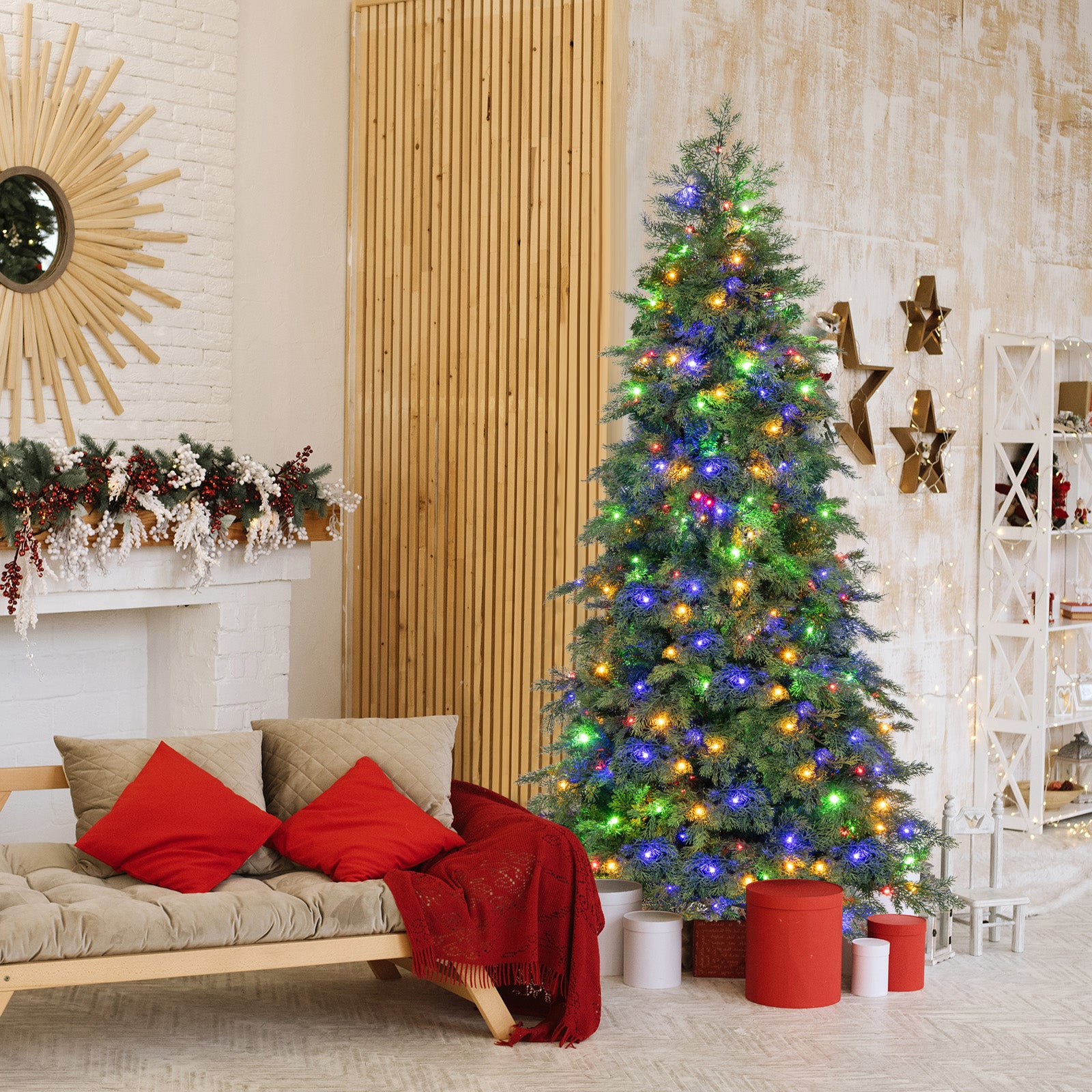 6/7.5 英尺预亮人造圣诞树，具有 11 种模式和金属支架 - 6 英尺 6/7.5 Feet Pre-Lit Artificial Christmas Tree with 11 Modes and Metal Stand-6 ft