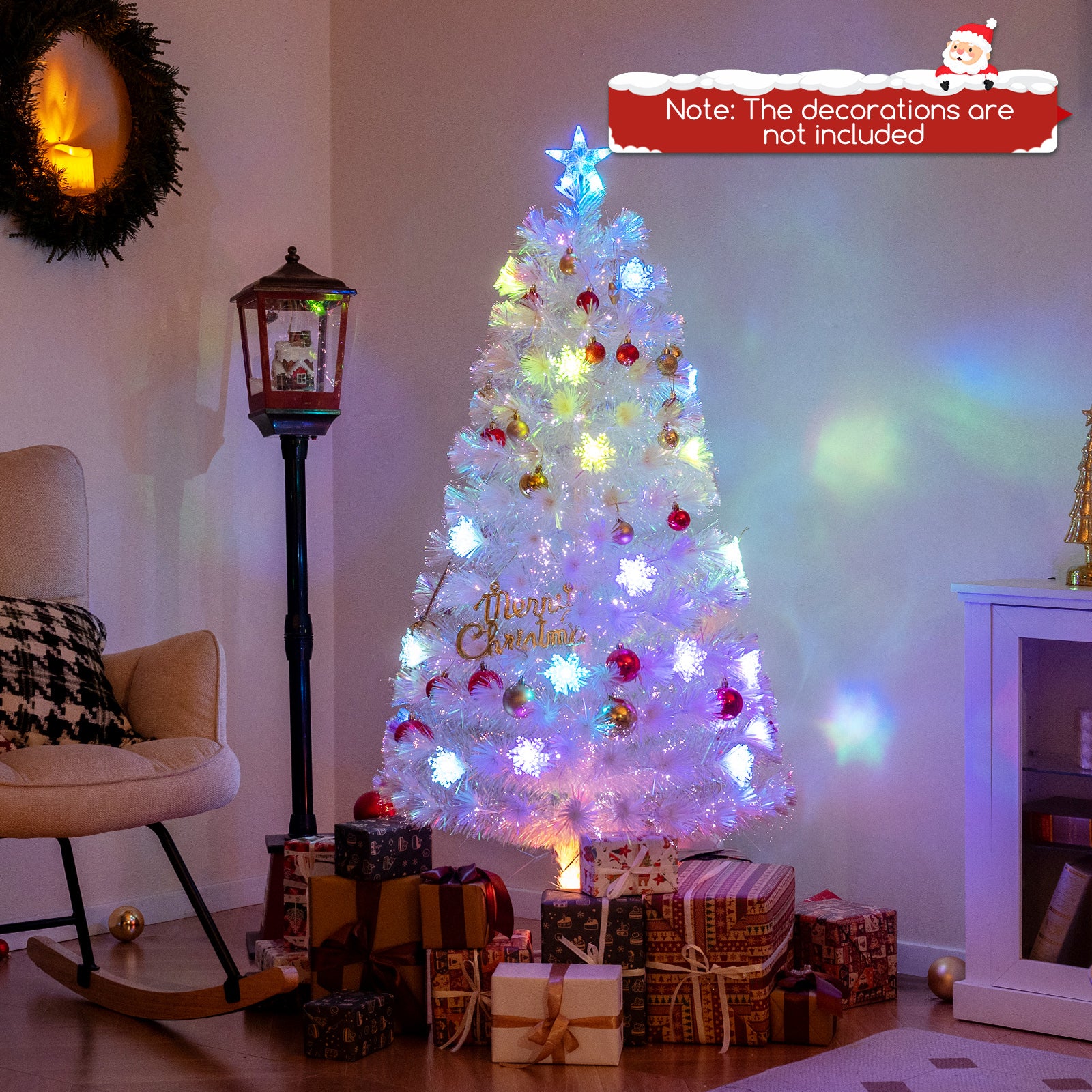 5/6/7 英尺预亮白色人造圣诞树，带彩虹色叶子 - 5 英尺 5/6/7 Feet Pre-Lit White Artificial Christmas Tree with Iridescent Leaves-5 Feet