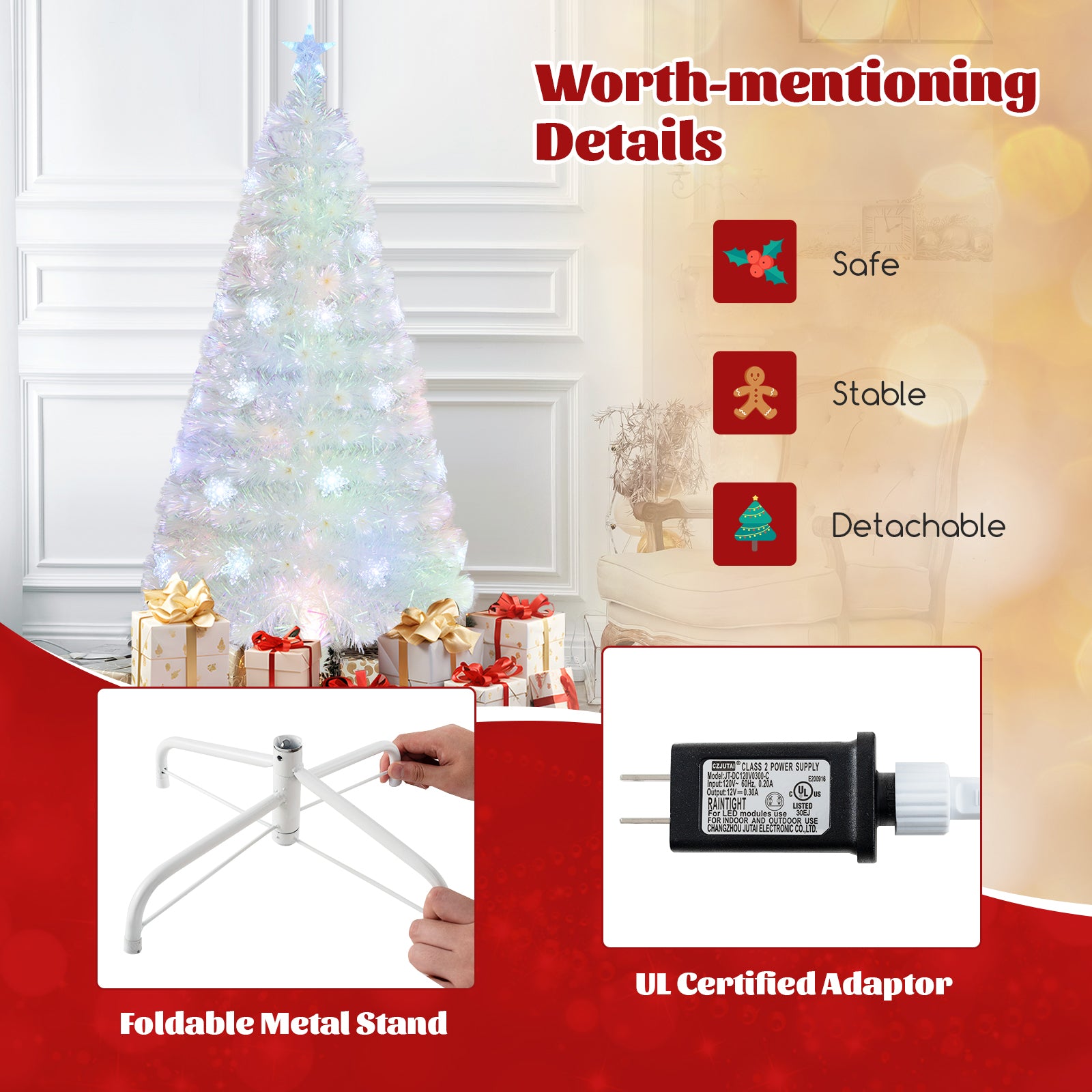 5/6/7 英尺预亮白色人造圣诞树，带彩虹色叶子 - 5 英尺 5/6/7 Feet Pre-Lit White Artificial Christmas Tree with Iridescent Leaves-5 Feet