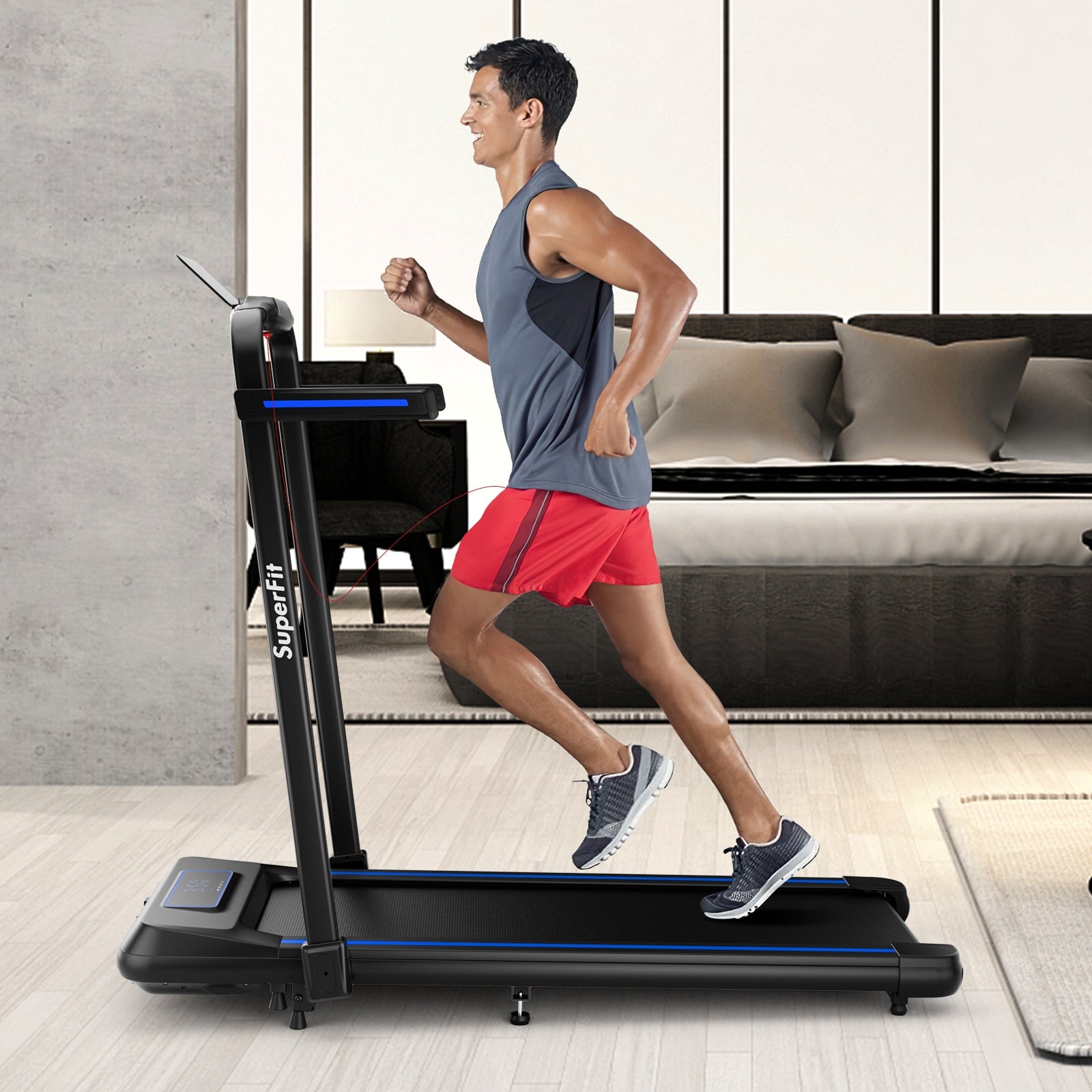 二合一折叠跑步机带坡度带遥控-蓝色 in Folding Treadmill with - Main Image