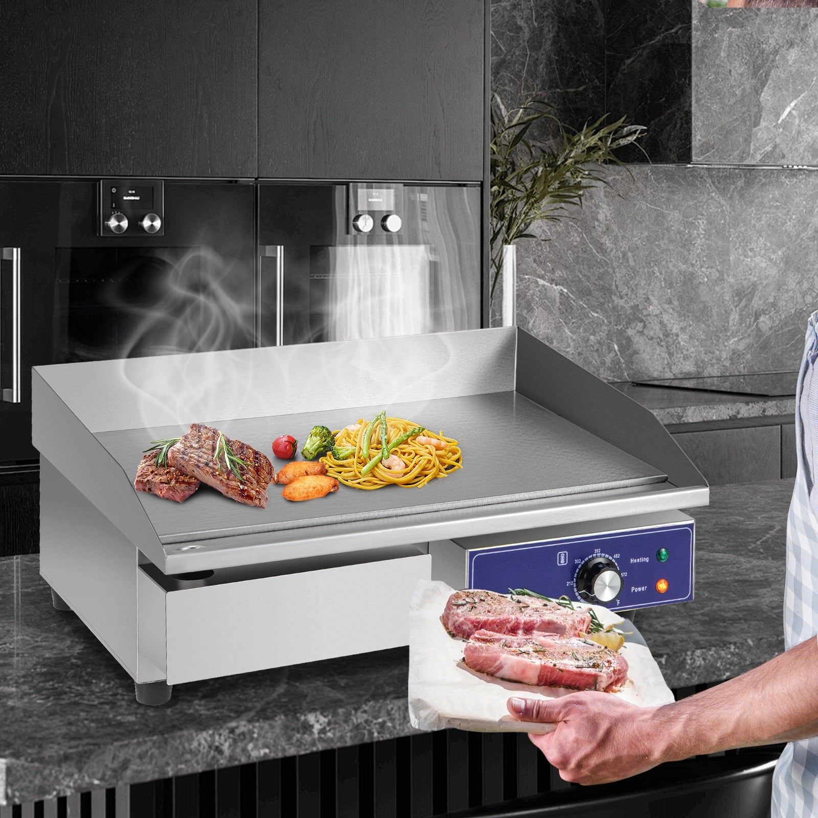 22英寸台面电煎锅2000W 110V商用不锈钢烤炉-银色 22 Inch Countertop