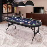 72 英寸可折叠扑克桌 8 人便携式椭圆形纸牌游戏桌 - 蓝色 72 Inch Foldable Poker Table for 8 Players Portable Oval Card Board Game Table-Blue