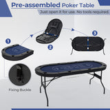 72 英寸可折叠扑克桌 8 人便携式椭圆形纸牌游戏桌 - 蓝色 72 Inch Foldable Poker Table for 8 Players Portable Oval Card Board Game Table-Blue