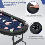 72 英寸可折叠扑克桌 8 人便携式椭圆形纸牌游戏桌 - 蓝色 72 Inch Foldable Poker Table for 8 Players Portable Oval Card Board Game Table-Blue