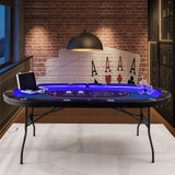 可折叠 10 人扑克桌，带 LED 灯和 USB 端口，非常适合德克萨斯赌场 - 蓝色 Foldable 10-Player Poker Table with LED Lights and USB Ports Ideal for Texas Casino-Blue