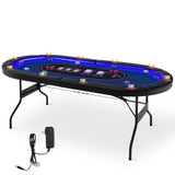 可折叠 10 人扑克桌，带 LED 灯和 USB 端口，非常适合德克萨斯赌场 - 蓝色 Foldable 10-Player Poker Table with LED Lights and USB Ports Ideal for Texas Casino-Blue