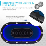 可折叠 10 人扑克桌，带 LED 灯和 USB 端口，非常适合德克萨斯赌场 - 蓝色 Foldable 10-Player Poker Table with LED Lights and USB Ports Ideal for Texas Casino-Blue