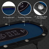 可折叠 10 人扑克桌，带 LED 灯和 USB 端口，非常适合德克萨斯赌场 - 蓝色 Foldable 10-Player Poker Table with LED Lights and USB Ports Ideal for Texas Casino-Blue