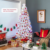 6/7 英尺预亮光纤白色雪绒人造圣诞树 - 7 英尺 6/7 Feet Pre-Lit Fiber Optic White Snow-Flocked Artificial Christmas Tree-7 ft