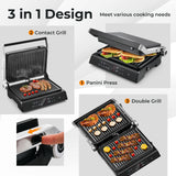 3合1室内电动帕尼尼煎烤机带LED显示屏-黑色 3 in 1 Indoor Electric Panini Press Grill with LED Display-Black