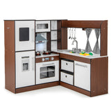 带水循环系统和灯光的木质转角游戏厨房-棕色 Wooden Corner Play Kitchen with Water Circulation System and Lights-Brown