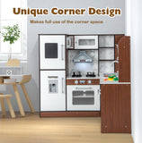 带水循环系统和灯光的木质转角游戏厨房-棕色 Wooden Corner Play Kitchen with Water Circulation System and Lights-Brown