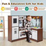 带水循环系统和灯光的木质转角游戏厨房-棕色 Wooden Corner Play Kitchen with Water Circulation System and Lights-Brown