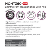 带麦头戴有线超轻耳机 MQHT360 Ear Foam Lightweight Headphones w/Mic