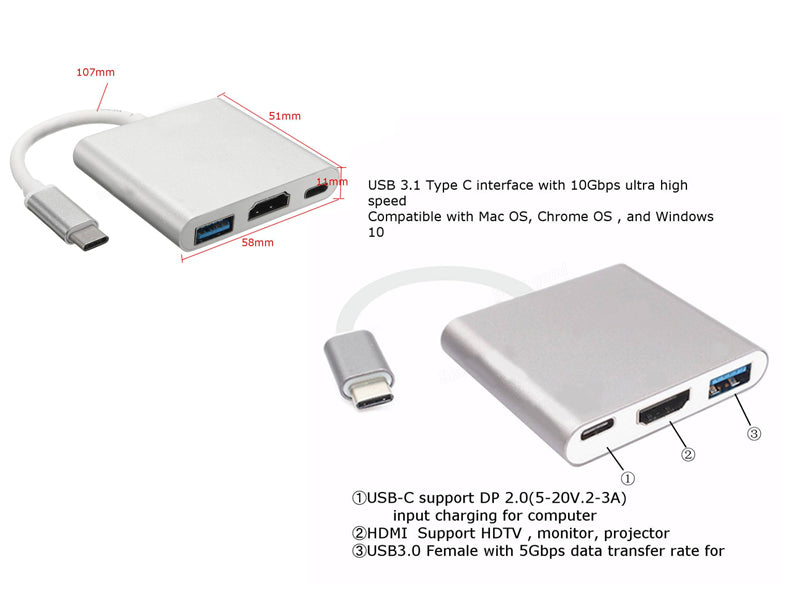 Type-C三合一转接头 3 in 1 USB Type-C to HDMI+USB3.0+Type C Multiport Charging Converter HUB Adapter